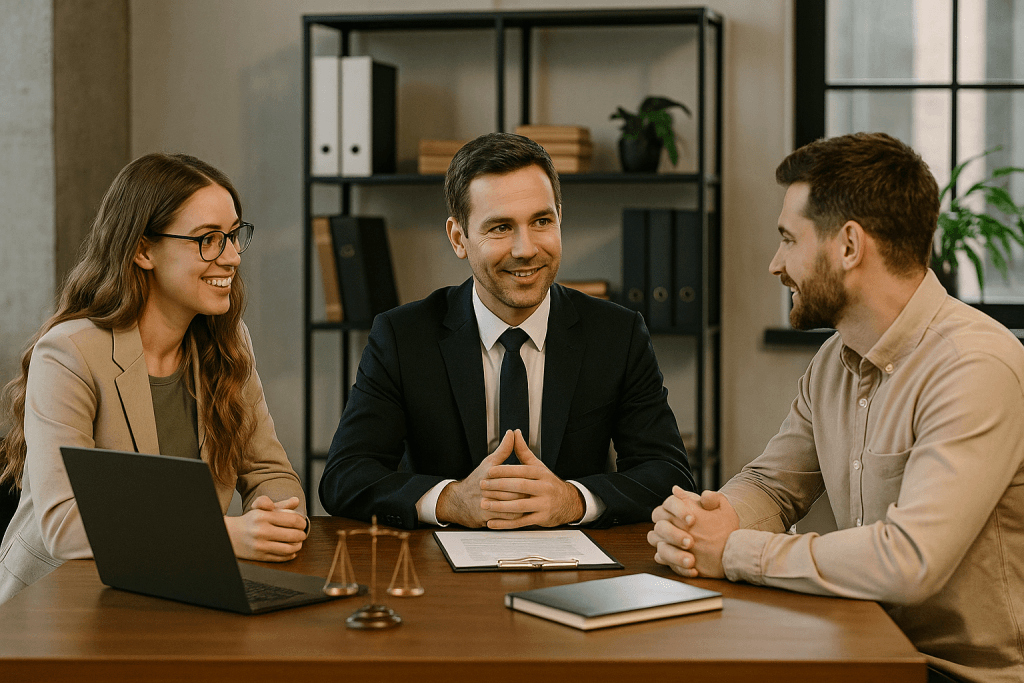 Equipo legal sonriente asesorando a una pareja en la oficina con balanza de la justicia y portátil