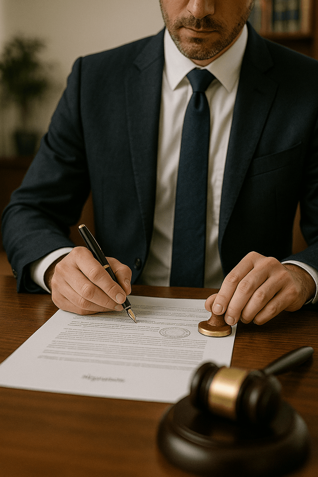 Detalle de mano sellando y firmando un documento legal.