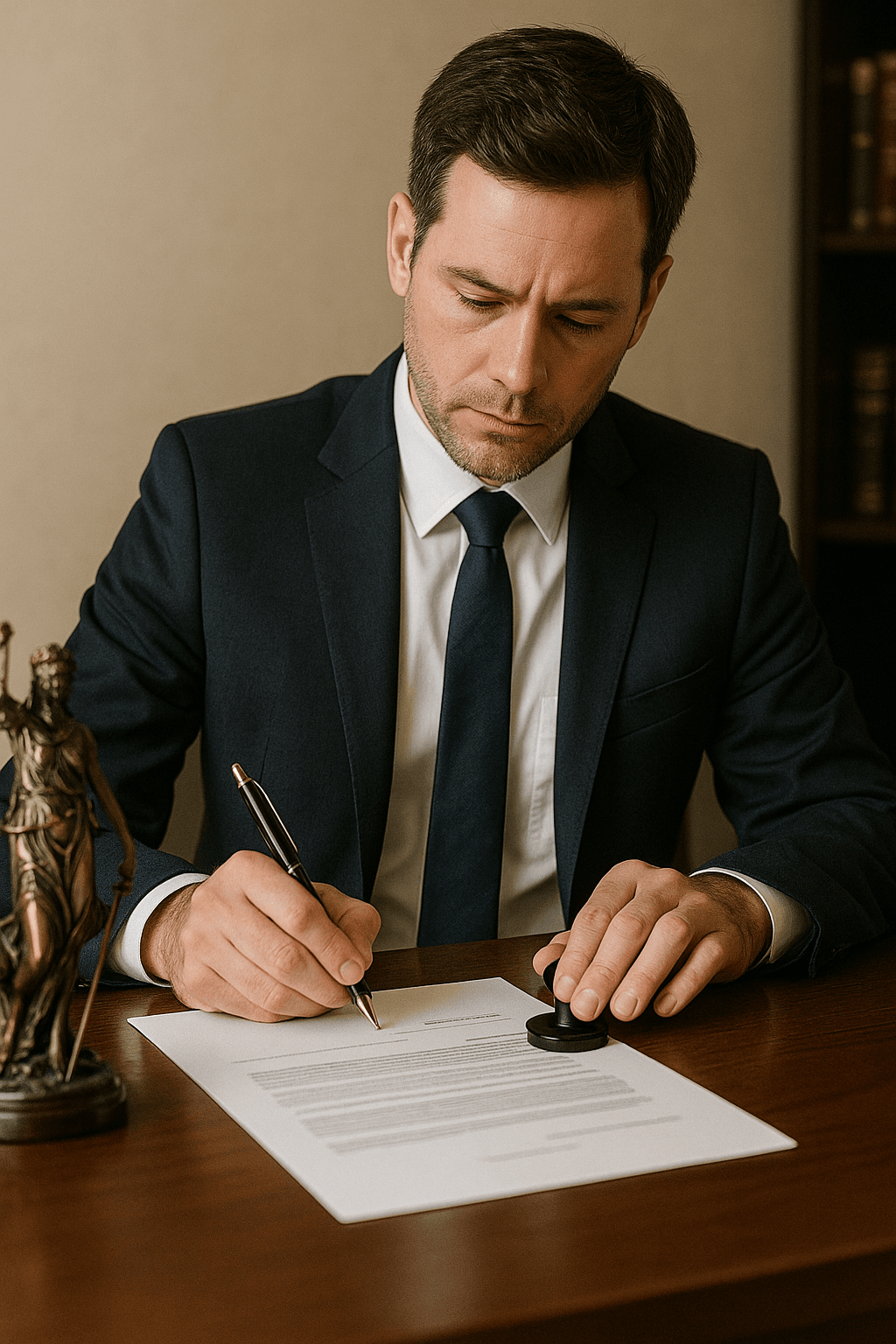 Abogado firmando y sellando un documento cerca de la estatua de la Justicia: formalidad de los trámites