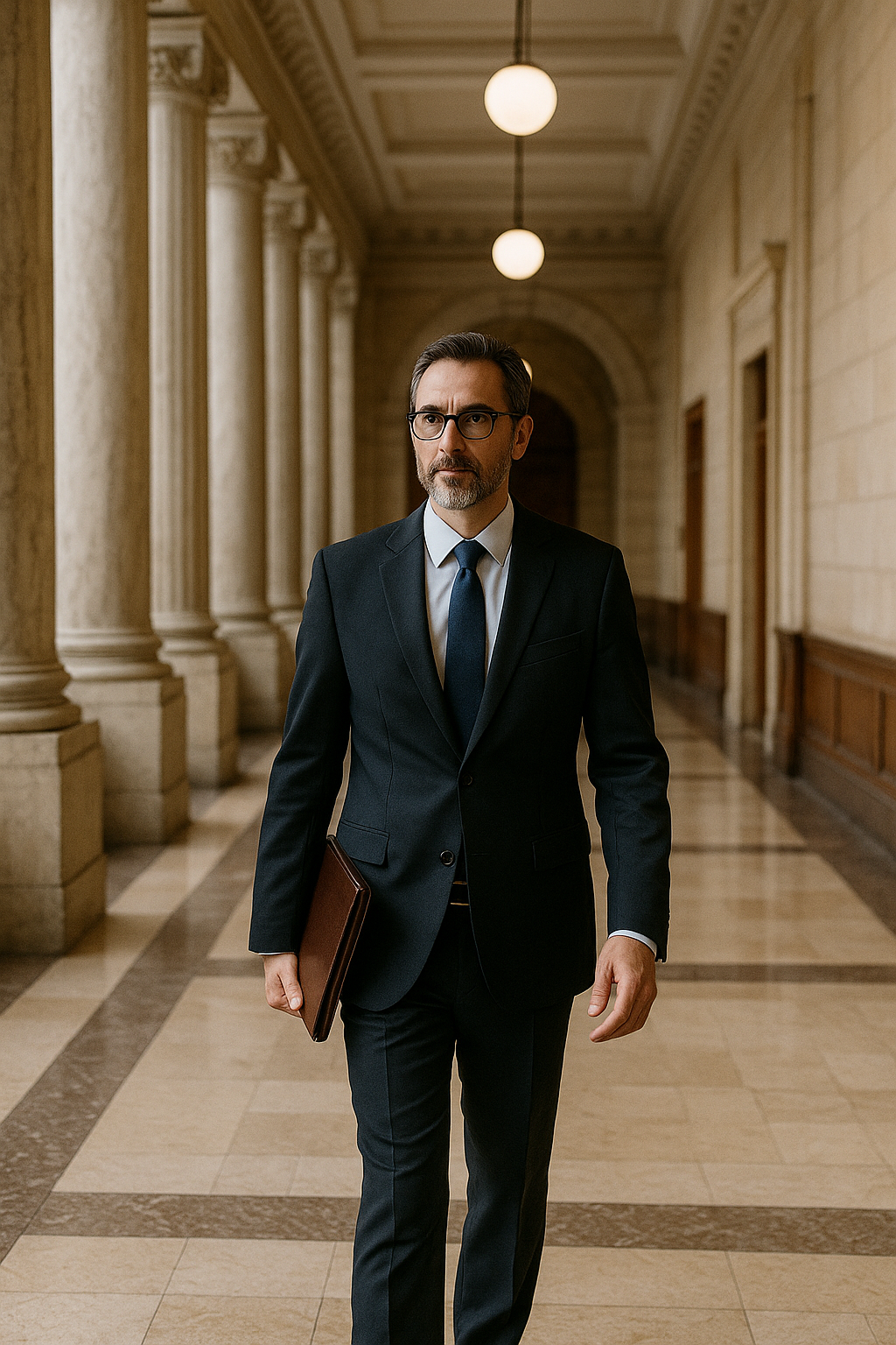 Abogado con portafolio caminando por la galería de un tribunal
