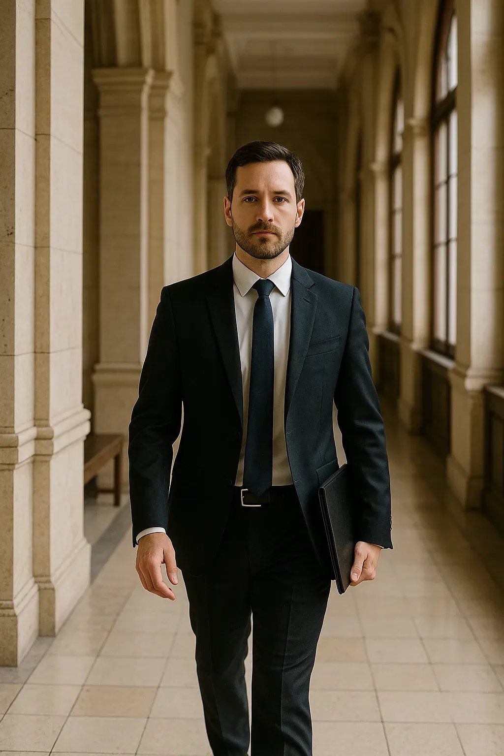 Abogado caminando por un edificio judicial con documentación, reflejando profesionalidad.