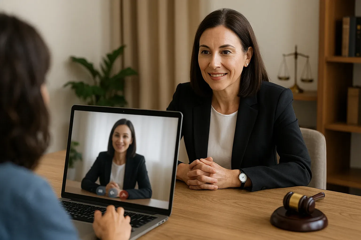 Abogada online atendiendo a una clienta por videoconferencia durante una consulta jurídica.