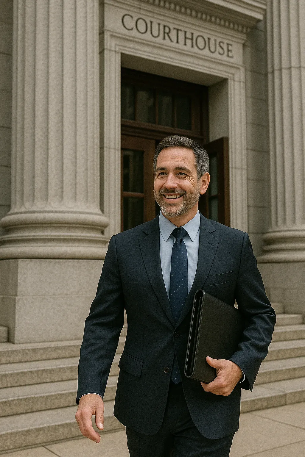 Abogado saliendo del juzgado con portafolio, preparado para atender un caso penal urgente.