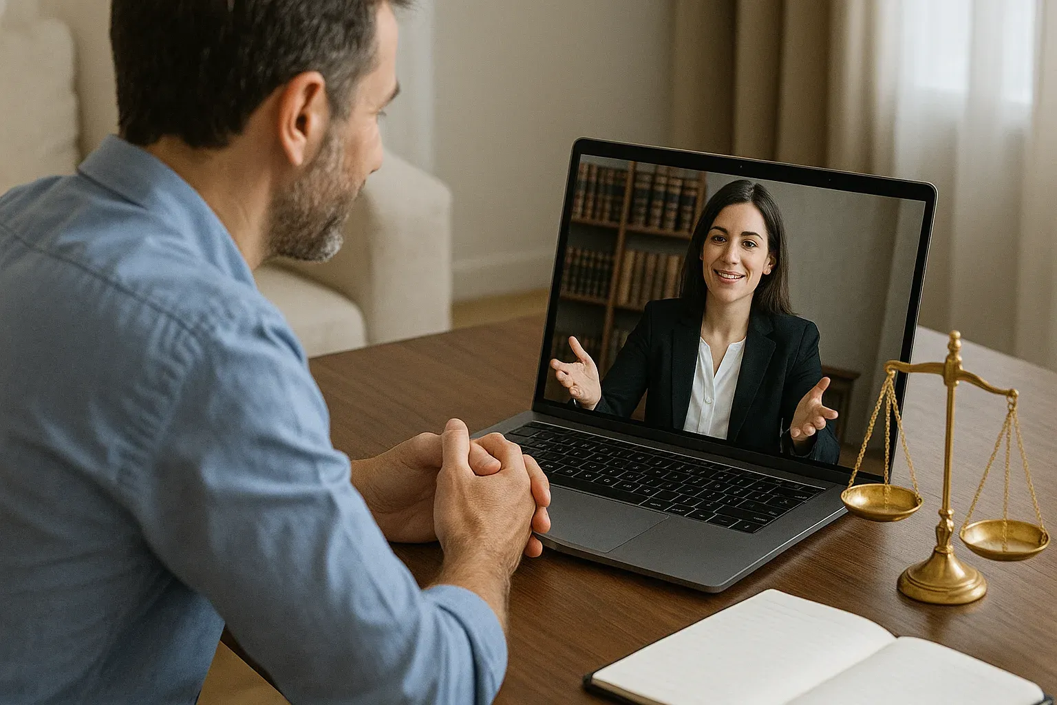 Cliente realizando consulta abogado online por videollamada con una abogada especialista.