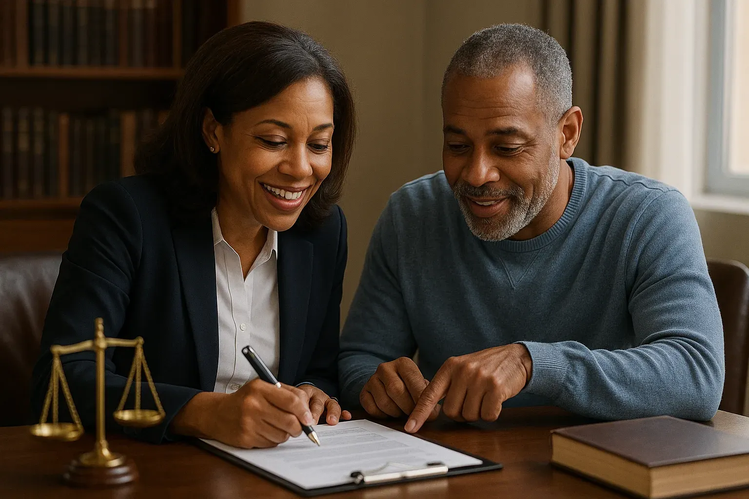 Abogada y cliente revisando y firmando un contrato inmobiliario con balanza de la justicia sobre la mesa.