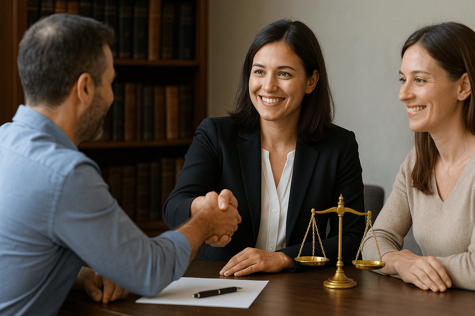 Abogada estrecha la mano de un cliente