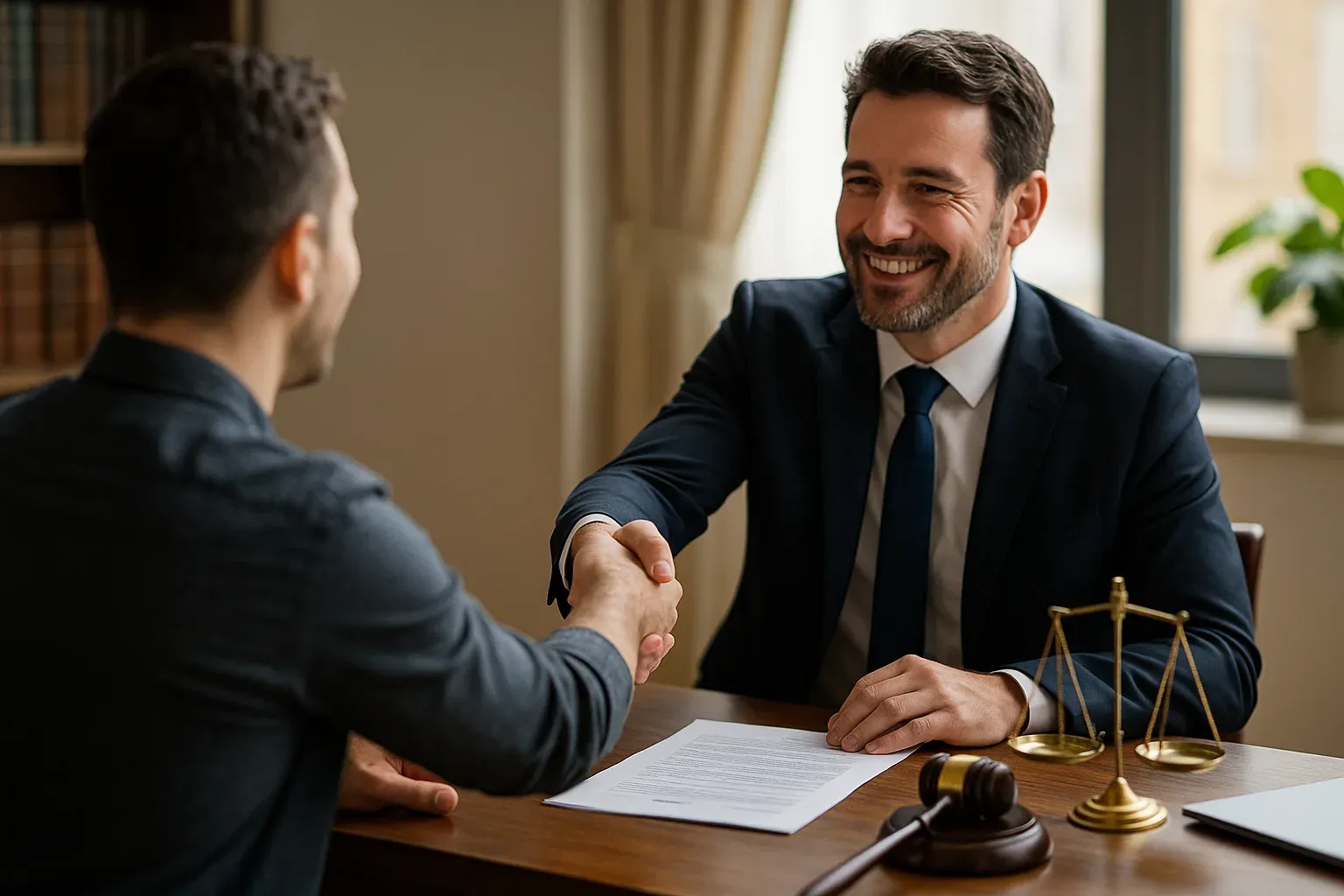 Abogado y cliente estrechándose la mano en un despacho, simbolizando acuerdos claros.
