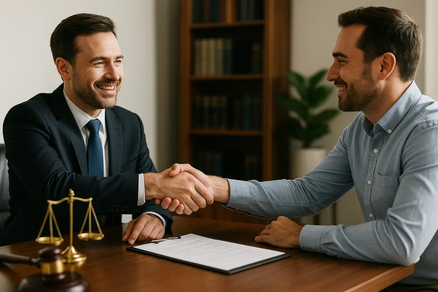Abogado y cliente estrechando la mano tras acordar la compraventa de una vivienda