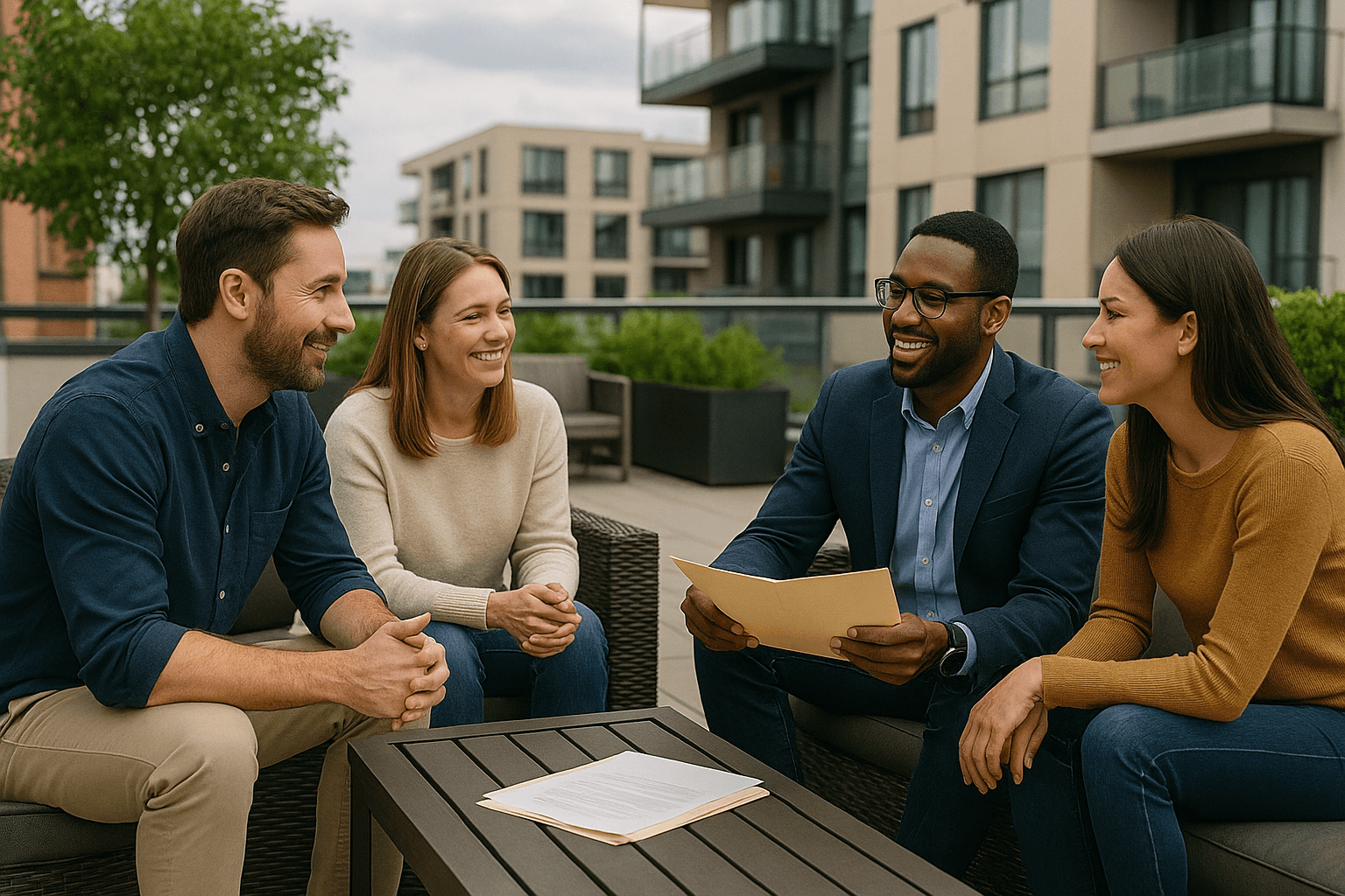 Reunión al aire libre con clientes para revisar documentación y resolver dudas