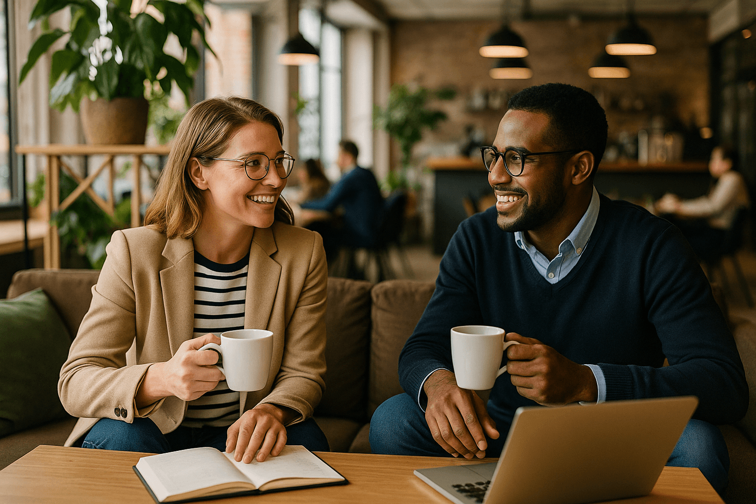 Profesional legal compartiendo un café con un cliente y revisando un portátil.
