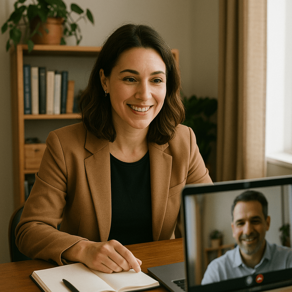 Videollamada profesional en oficina en casa para asesoramiento legal a influencers y creadores de contenido