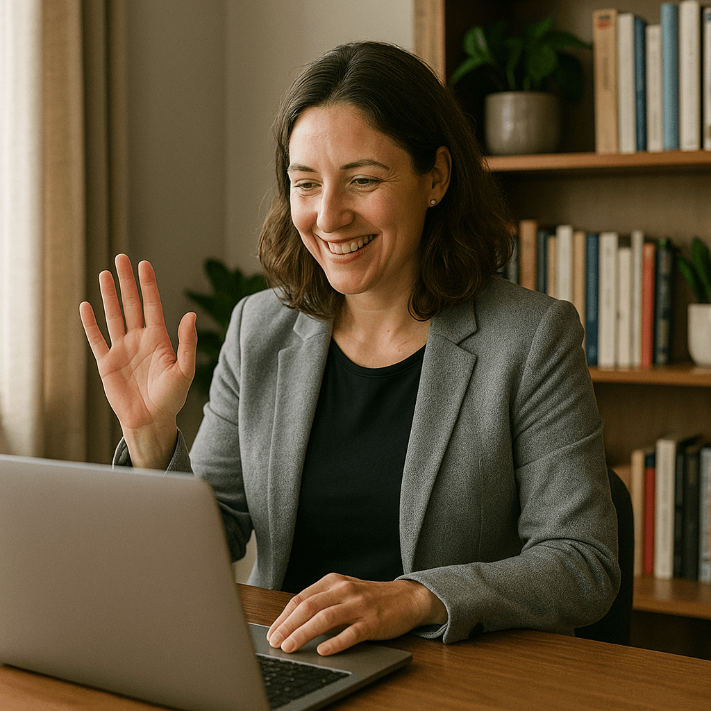 Profesional saludando en videoconferencia: apoyo legal para reputación e identidad digital de influencers