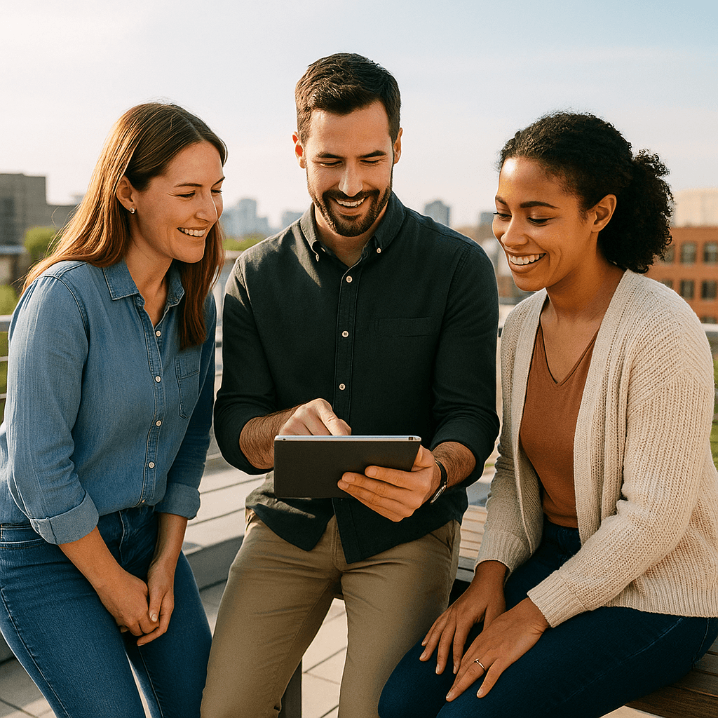 Reunión al aire libre consultando una tablet para revisar una cita de extranjería