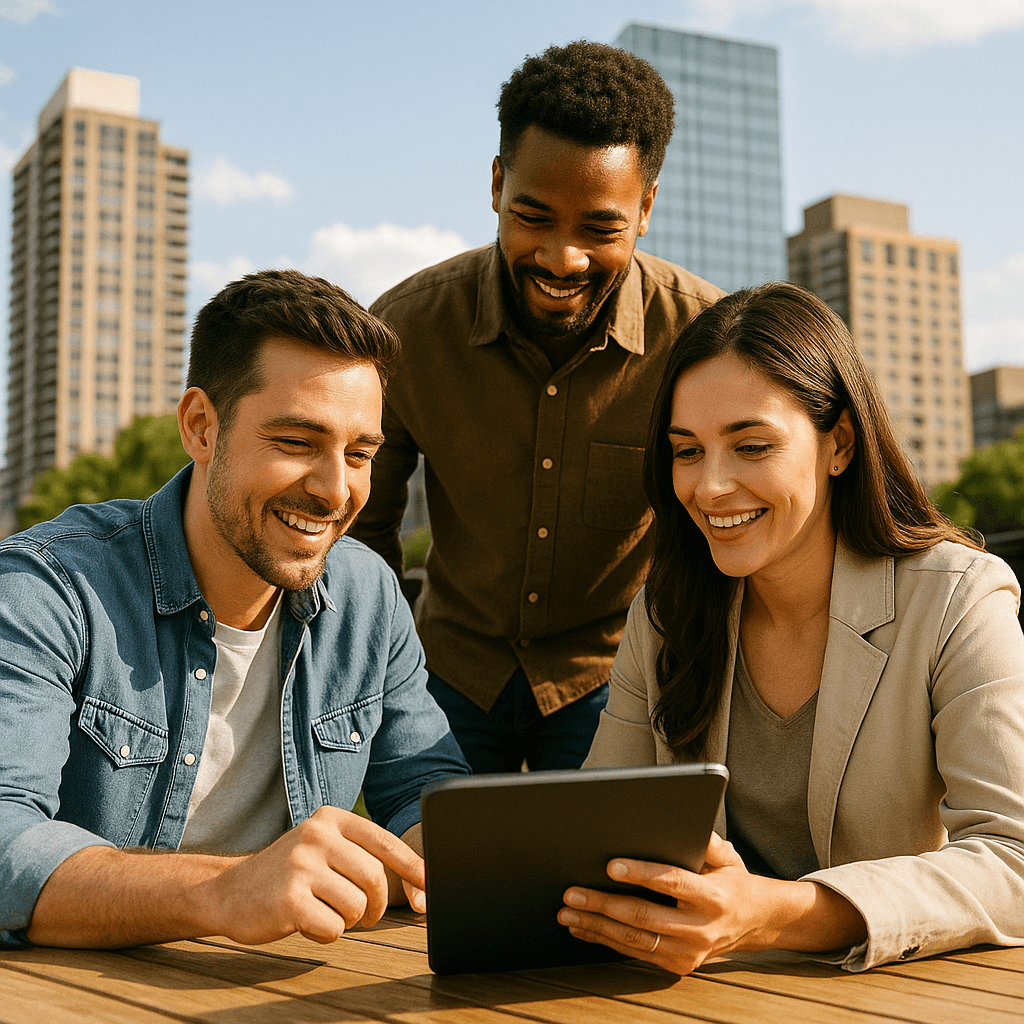 Equipo colaborando con tablet — coordinación del equipo jurídico