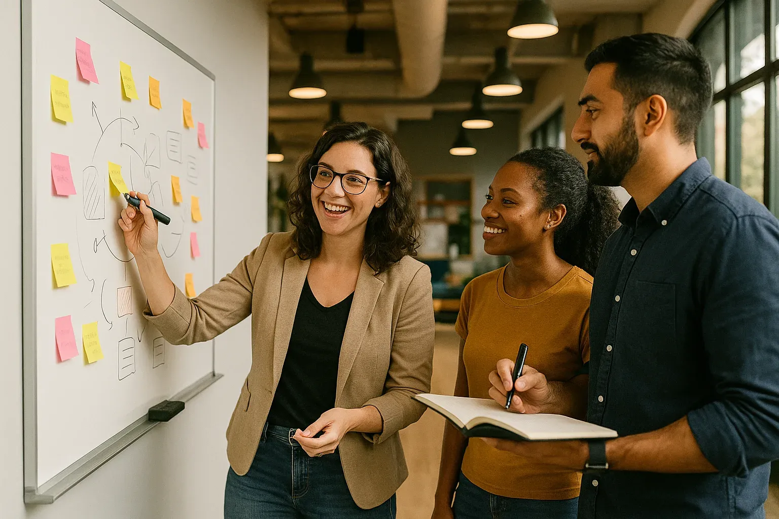 Tres profesionales participan en una sesión de brainstorming frente a una pizarra con diagramas y notas adhesivas