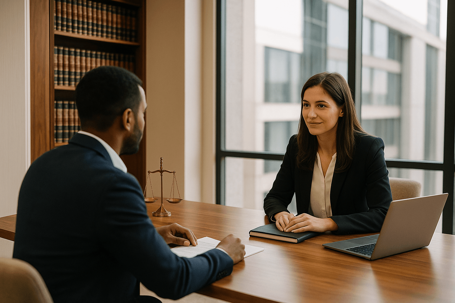 Abogada reunida con su cliente masculino en el despacho