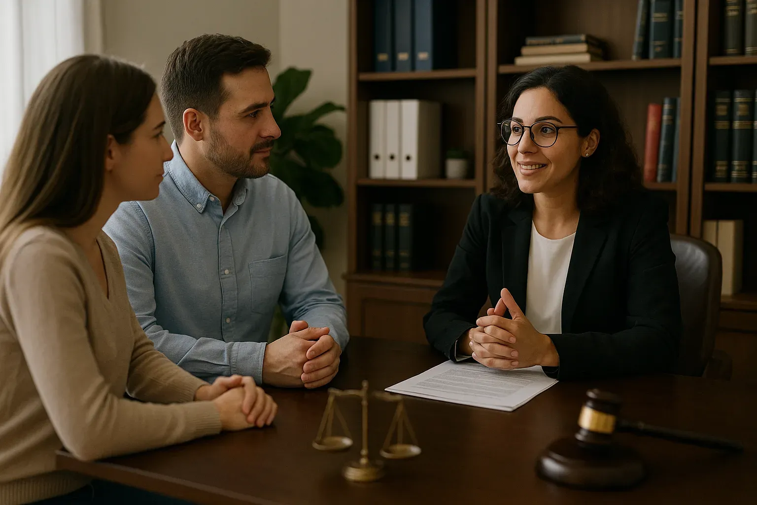 Abogada asesorando a una pareja antes de comprar una casa