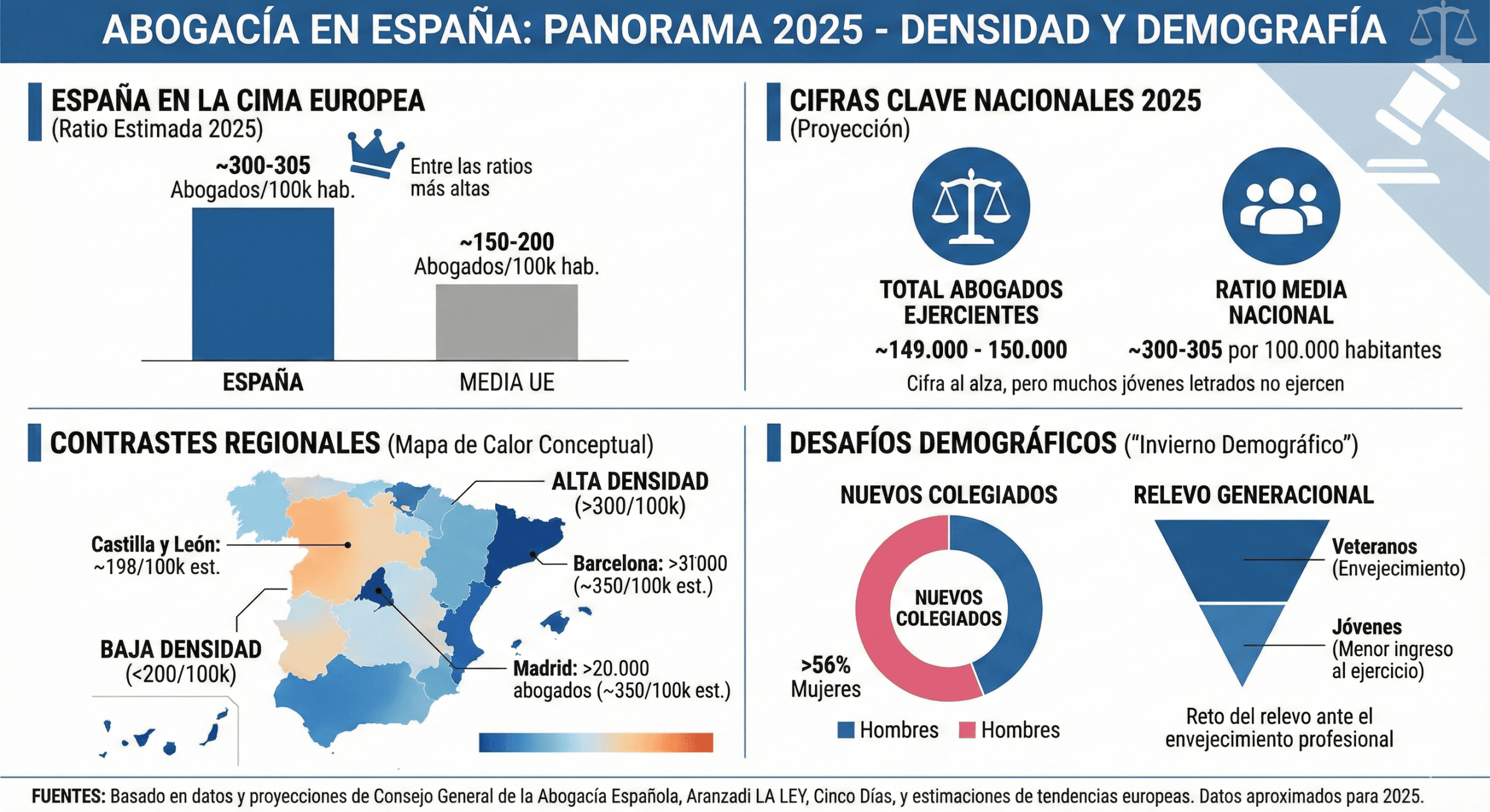 Infografía sobre el estado de la abogacía en España en 2025: densidad de abogados y demografía profesional