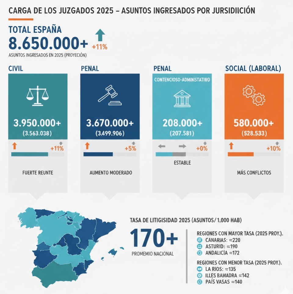 Infografía sobre la carga de los juzgados en España en 2025
