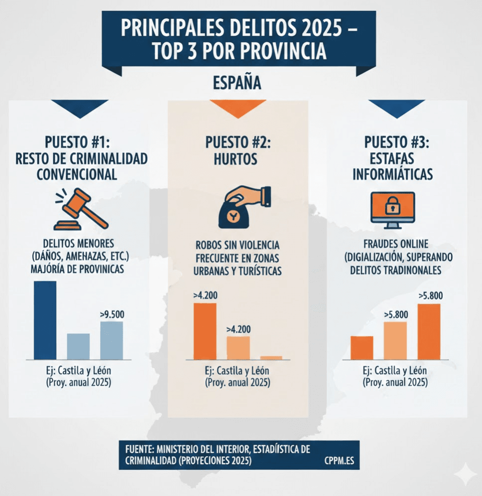 Infografía con los principales delitos en España en 2025, top 3 por provincia