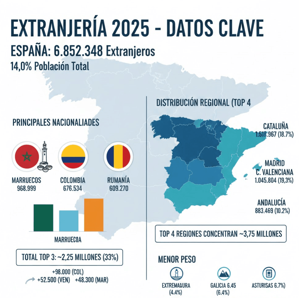 Infografía sobre extranjería en España en 2025 con mapa y datos clave